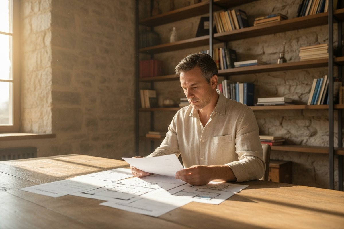 Le rédacteur en chef relit un dossier de fiscalité locative et des plans d'appartement à son bureau