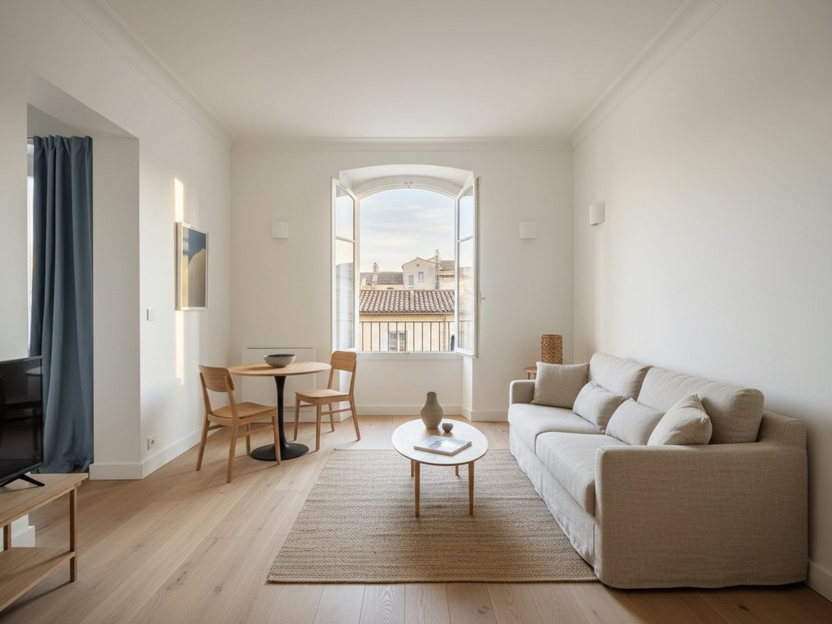 Séjour meublé et lumineux d'un appartement prêt à être loué, avec vue sur des toits de tuiles